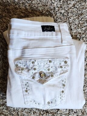 Earl Jeans Embellished White Jeans with Crystal Accent